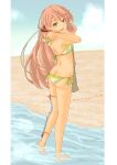  1girl absurdres akashi_(kancolle) apron ass barefoot beach breasts clouds cloudy_sky green_eyes highres kantai_collection long_hair looking_at_viewer looking_back pink_hair pot-de sand signature sky smile swimsuit water 