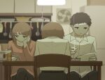  1girl 2boys absurdres ashtray avogado6 black_hair blurry blurry_background brown_hair can cigarette commentary father_and_son from_behind highres jitome kitchen looking_at_phone looking_down mother_and_son multiple_boys original paper phone short_hair smoke table 