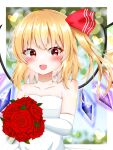  1girl :d bare_shoulders blurry blurry_background bouquet crystal dress elbow_gloves fang flandre_scarlet flower gloves hair_ribbon heart highres holding holding_bouquet kaede_(kaede_fs495) open_mouth outside_border red_eyes red_flower red_ribbon red_rose ribbon rose smile solo touhou upper_body wedding_dress white_dress white_gloves wings 