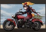  1girl absurdres belt black_gloves black_hair black_jacket boots dress gloves ground_vehicle hair_ornament hi_no_tori_(kemono_friends) highres jacket kemono_friends kemono_friends_3 long_hair motor_vehicle open_mouth pantyhose red_dress ribbon solo sunglasses tail toriny wings 