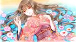  1girl artist_name bell brown_eyes brown_hair floral_print flower hand_up highres japanese_clothes jingle_bell kimono long_hair looking_at_viewer lying micophylite obi on_back on_water original pink_kimono print_kimono ripples sash solo very_long_hair 