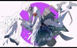 2boys absurdres arknights armband bishounen black_hair closed_eyes coat feathers highres kimven_(wenzisama) male_focus mephisto_(arknights) multiple_boys pointy_ears red_armband shoes short_hair simple_background socks thighs white_background white_coat white_hair wings 