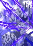  1boy armor backlighting character_name copyright_name energy fate/grand_order fate_(series) full_armor helmet highres male_focus minamoto_no_tametomo_(fate) signature simple_background solo tooduki_kichi upper_body white_armor white_background white_eyes 