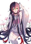  1girl absurdres black_hair chinese_commentary flower green_eyes haisaijun headset highres hood hoodie long_hair mika_melatika multicolored_hair nijisanji nijisanji_id open_hand pink_flower redhead sitting sketch skirt solo streaked_hair thigh-highs very_long_hair virtual_youtuber white_background white_hoodie white_legwear white_skirt 