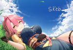  1girl belt blue_sky blush breasts buran_(22x) clouds commission eiyuu_densetsu grass hand_on_own_stomach large_breasts looking_at_viewer lying on_back outdoors pink_hair ponytail sara_valestein sen_no_kiseki skeb_commission sky smile solo yellow_eyes 