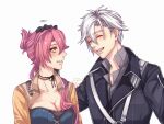  1boy 1girl blush breasts cleavage_cutout closed_eyes clothing_cutout eiyuu_densetsu embarrassed gloves headpat highres jacket large_breasts pink_hair rean_schwarzer sara_valestein sen_no_kiseki sen_no_kiseki_iv simple_background smile white_background white_hair yellow_eyes yuzukiyo 