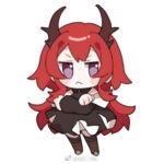  1girl :&lt; arknights baiwei_er_hao_ji black_dress black_thighhighs blush chibi crossed_arms demon_horns dress full_body horns jitome long_hair long_sleeves lowres redhead simple_background solo standing surtr_(arknights) very_long_hair violet_eyes weibo_logo weibo_username white_background 