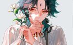  1boy ahoge bangs bishounen black_hair donaldakron facial_mark flower forehead_mark genshin_impact green_hair green_nails jewelry long_sleeves male_focus multicolored_hair necklace solo white_flower xiao_(genshin_impact) yellow_eyes 