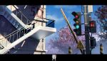  absurdres blue_sky cherry_blossoms clouds commentary highres letterboxed no_humans original pedestrian_lights qi==qi railing railroad_crossing road_sign scenery sign sky stairs traffic_light translated tree warning_sign 