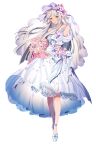  1girl absurdres artist_request bad_source bangs black_survival bouquet closed_mouth dress flower hand_up highres long_hair looking_at_viewer minami_rio official_alternate_costume official_art see-through simple_background solo transparent_background veil wedding_dress white_hair yellow_eyes 