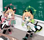  2girls animal_ears blush cat_ears cat_tail chalkboard closed_mouth commentary_request copyright_request green_eyes green_hood halo highres indoors jacket multiple_girls naguru_(cyoroama) open_mouth orange_hair pink_hood red_eyes sleeves_past_wrists sparkle sweatdrop tail tic-tac-toe 