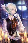  1boy beryl_(saibai_shounen) candle cup curtains facing_to_the_side full_moon green_hair lit_candle looking_at_viewer male_focus moon night night_sky official_art saibai_shounen second-party_source short_hair sky solo teacup teapot ttoma violet_eyes wavy_hair wing_hair_ornament 