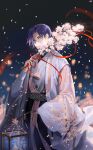  1boy black_survival blue_hair branch covered_mouth ddollydonut grey_eyes hand_up highres holding holding_branch holding_lantern johann_(black_survival) lantern long_sleeves looking_at_viewer male_focus petals red_ribbon ribbon short_hair sleeves_past_wrists solo 
