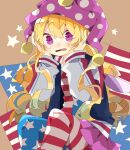  1girl @_@ american_flag_dress american_flag_legwear bangs blonde_hair blue_jacket blush clownpiece commentary crying feet_out_of_frame hands_on_own_face hat highres jacket jester_cap long_hair long_sleeves looking_at_viewer multicolored_clothes multicolored_jacket nikorashi-ka one-hour_drawing_challenge open_clothes open_jacket open_mouth purple_headwear red_jacket sharp_teeth sitting solo star_(symbol) teeth touhou violet_eyes white_jacket 