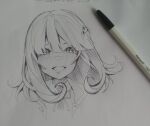  1girl bangs blush buttons collared_shirt cropped_shoulders danganronpa_(series) danganronpa_2:_goodbye_despair dress_shirt galaga grin hair_ornament hood hood_down in_a jacket medium_hair monochrome nanami_chiaki neck_ribbon open_clothes open_jacket paper pen ribbon shirt sketch smile solo teeth traditional_media 