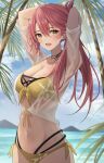  1girl beach bikini coconut_tree commission eiyuu_densetsu highres looking_at_viewer ocean outdoors palm_tree pink_hair ponytail sara_valestein sen_no_kiseki shirt skeb_commission smile solo sukuemon swimsuit tree wet wet_clothes wet_shirt yellow_eyes 