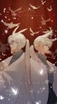  absurdres bai_xiao cape earrings grey_hair highres jewelry ketui63791 male_focus mimizuku_(sky:_children_of_the_light) pointy_hair ponytail portrait red_eyes siblings sky:_children_of_the_light tassel tassel_earrings twins white_hair yellow_eyes 