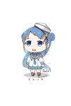  1girl aqua_neckerchief aqua_skirt bangs black_ribbon blue_eyes blue_hair blue_sailor_collar chibi commentary_request cosplay dixie_cup_hat full_body gradient_hair hat hat_ribbon kantai_collection long_hair long_sleeves mae_(maesanpicture) military_hat miniskirt multicolored_hair navy_cross neckerchief pleated_skirt ribbon sailor_collar samidare_(kancolle) samuel_b._roberts_(kancolle) samuel_b._roberts_(kancolle)_(cosplay) school_uniform serafuku shirt simple_background skirt sleeve_cuffs solo standing swept_bangs translated very_long_hair white_background white_headwear white_shirt 