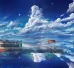  1girl bird chair clouds cloudy_sky day dress flying ground_vehicle highres holding_hands kenzo_093 original reflection reflective_water scenery sitting skirt sky train train_station train_station_platform water 