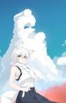  1641_(chfhrtor94) 1girl animal_ear_fluff animal_ears bangs black_skirt clenched_hand clouds cloudy_sky commentary cowboy_shot day hair_between_eyes highres inubashiri_momiji looking_at_viewer no_hat no_headwear orange_eyes parted_lips pom_pom_(clothes) shirt short_hair sideways_glance skirt sky sleeveless sleeveless_shirt solo tail touhou turtleneck vest white_hair white_shirt white_vest wolf_ears wolf_girl wolf_tail 