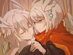  2boys 973210439 bai_xiao bishounen closed_eyes grey_hair hair_between_eyes hair_ornament highres looking_at_another male_focus mimizuku_(sky:_children_of_the_light) multicolored_eyes multiple_boys musical_note musical_note_hair_ornament pointy_hair ponytail siblings sky:_children_of_the_light straight_hair twins upper_body white_hair 