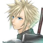  1boy armor blonde_hair blue_eyes buster_sword closed_mouth cloud_strife earrings final_fantasy final_fantasy_vii final_fantasy_vii_remake highres jewelry kaisei_(kaisei_my) shoulder_armor solo spiky_hair sweater sword turtleneck turtleneck_sweater upper_body weapon weapon_on_back white_background 