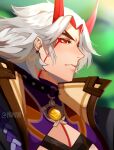  1boy absurdres arataki_itto blurry blurry_background depth_of_field earrings facepaint facial_mark genshin_impact highres horns jewelry male_focus mihushi oni oni_horns pendant red_eyes red_horns solo twitter_username upper_body white_hair 