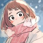  1girl bands blush boku_no_hero_academia brown_eyes brown_hair highres looking_at_viewer red_scarf scarf short_hair sidelocks sketch solo tabetai_omochi uraraka_ochako winter winter_clothes 