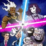  1girl 2boys 2others ace_attorney aerodactyl aura badge bangs bead_necklace beads bear black_shirt blue_background blue_jacket bow bowtie collared_shirt colored_skin crossover danganronpa_(series) dark-skinned_male dark_skin dj_professor_k english_commentary facial_hair facial_mark forehead_mark fossil ghost glitch glowing goatee green-framed_eyewear grin jacket jems_(shf1) jet_set_radio jet_set_radio_future jewelry lavender_shirt looking_to_the_side midair missingno. monokuma multiple_boys multiple_others necklace necktie open_mouth phoenix_wright pink_necktie pointing pokemon pokemon_(creature) pokemon_tower_ghost popped_collar purple_bow purple_bowtie purple_hair real_life red-tinted_eyewear shirt short_hair siivagunner skeleton skull sleeves_pushed_up smile spiky_hair split_screen static suspenders sweetest_music t-shirt takeuchi_mariya tinted_eyewear white_hair white_necktie white_shirt white_skin wing_collar 