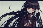  1girl alternate_hairstyle artist_name bangs black_hair black_sailor_collar bow bowtie closed_mouth collarbone danganronpa_(series) danganronpa_v3:_killing_harmony floating_hair gradient gradient_background grey_background grey_bow grey_bowtie hand_up harukawa_maki letterboxed long_hair looking_at_viewer mikao_(eanv5385) mole mole_under_eye multicolored_hair red_eyes red_shirt sailor_collar shirt solo two-tone_hair watermark white_hair 