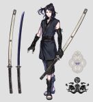  1boy absurdres bandaged_arm bandages bite_addict black_gloves black_hair closed_mouth elbow_gloves fantasy fingerless_gloves gloves grey_background highres holding holding_sheath holding_sword holding_weapon katana long_hair looking_at_viewer male_focus original scabbard sheath sheathed simple_background smile solo standing sword toeless_footwear vambraces weapon yellow_eyes 