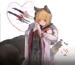  1girl animal animal_ears bangs blonde_hair blush brown_eyes commentary_request dog dog_ears erune fang fur_trim garjana gradient gradient_background granblue_fantasy grey_background heart interlocked_fingers long_sleeves looking_at_viewer open_mouth own_hands_clasped own_hands_together tota_(sizukurubiks) vajra_(granblue_fantasy) white_background wide_sleeves 