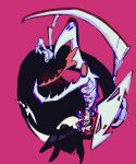  1other absurdres aerodactyl awalys english_commentary fossil ghost glitch highres kabutops looking_to_the_side missingno. outstretched_hand pink_background pokemon pokemon_(creature) pokemon_tower_ghost siivagunner simple_background skeleton skull smile static 