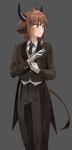  1boy absurdres arknights bangs bison_(arknights) brown_hair brown_jacket brown_necktie brown_pants closed_mouth collared_shirt formal gloves grey_background grey_vest highres jacket long_sleeves mo_ne necktie ox_ears ox_horns ox_tail pants shirt short_hair simple_background solo tail vest violet_eyes white_gloves white_shirt 