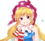  american_flag american_flag_print bangs blonde_hair clownpiece commentary_request flag_print grin hand_up hat jester_cap long_hair looking_at_viewer neck_ruff purple_headwear shikushiku_(amamori_weekly) shirt short_sleeves smile touhou underwear upper_body white_background 