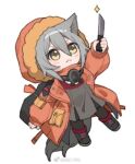  1girl :&lt; animal_ears arknights arm_up baiwei_er_hao_ji black_footwear black_pantyhose black_shirt blush boots chibi full_body fur-trimmed_hood fur_trim grey_hair hair_between_eyes holding holding_knife hood hood_up hooded_jacket jacket knife long_sleeves lowres mask mask_around_neck pantyhose projekt_red_(arknights) red_jacket shirt simple_background solo sparkle tail v-shaped_eyebrows weibo_logo weibo_username white_background wolf_ears wolf_girl wolf_tail yellow_eyes 