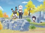  2girls blue_sky chibi genshin_impact hair_ornament hair_over_one_eye highres leg_grab long_hair mountain mountainous_horizon multiple_girls outdoors sky standing surprised treasure_chest tree very_long_hair white_hair xinzoruo zooming_out 