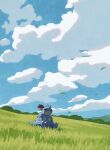  absurdres blue_sky claws closed_eyes closed_mouth clouds day grass highres horns hyogonosuke nidoqueen no_humans outdoors pokemon pokemon_(creature) single_horn sky solo spikes tail 