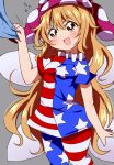  1girl :d american_flag american_flag_pants american_flag_shirt bangs blonde_hair blush breasts bwell clownpiece commentary_request fairy_wings fang feet_out_of_frame grey_background hat highres jester_cap long_hair neck_ruff open_mouth polka_dot polka_dot_headwear red_eyes short_sleeves simple_background small_breasts smile solo touhou v-shaped_eyebrows very_long_hair wings 