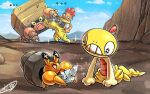  +_+ :d clouds commentary_request crustle day dwebble evolutionary_line happy holding kaosu_(kaosu0905) open_mouth outdoors pokemon pokemon_(creature) scrafty scraggy signature sky smile 
