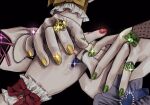  5girls absurdres ambiguous_gender black_background close-up commentary_request cult_12 fingernails fingers frilled_sleeves frills green_nails hand_focus heart highres holding_hands jewelry multiple_girls multiple_others original reaching red_nails ring shiny simple_background yellow_nails 