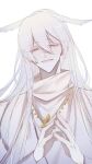  absurdres androgynous grey_hair hair_between_eyes highres jewelry light_smile looking_at_viewer mimizuku_(sky:_children_of_the_light) mole necklace pointy_hair ponytail red_eyes shijianshaoyoudemeinanzid sky:_children_of_the_light solo straight_hair upper_body white_background white_hair 