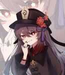  1girl absurdres black_nails blush brown_hair chinese_clothes flower flower-shaped_pupils genshin_impact gradient_hair grin hair_between_eyes hat hat_ornament highres hu_tao_(genshin_impact) jewelry long_hair long_sleeves looking_at_viewer multicolored_hair plum_blossoms porkpie_hat qixia red_eyes red_shirt ring shirt smile symbol-shaped_pupils 