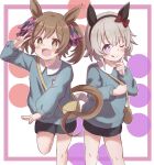  2girls :d ;q animal_ears arm_up bag black_shorts blue_shirt blush border bow brown_eyes brown_hair closed_mouth collared_shirt commentary_request curren_chan_(umamusume) ear_bow feet_out_of_frame grey_hair hair_bow hand_up highres horse_ears horse_girl horse_tail kindergarten_bag kindergarten_uniform long_sleeves looking_at_viewer multiple_girls one_eye_closed pink_border pink_bow puffy_long_sleeves puffy_sleeves purple_bow red_bow shirt short_shorts shorts shoulder_bag smart_falcon_(umamusume) smile standing standing_on_one_leg sunanuko_(ramuneko) tail tongue tongue_out twintails umamusume v violet_eyes white_background 