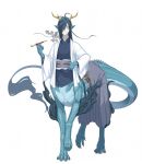  1boy antlers blue_hair claws dragon_boy dragon_tail fangs full_body green_eyes grey_pants hair_over_one_eye hakama hand_on_belt hand_up japanese_clothes kimono long_hair long_sleeves looking_at_viewer male_focus monster_boy original pants pointy_ears short_kimono skin_fangs slit_pupils smile solo standing t_o_illustvs tail taur very_long_hair walking white_background wide_sleeves 