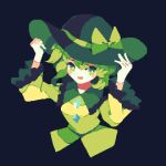  1girl 4qw5 :d black_headwear blue_background bow bright_pupils cropped_torso green_eyes green_hair hands_on_headwear hat hat_bow highres komeiji_koishi long_sleeves looking_at_viewer open_mouth pixel_art shirt short_hair simple_background smile solo touhou white_pupils yellow_bow yellow_shirt 