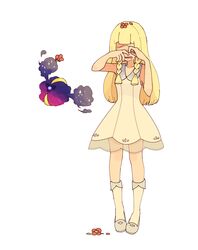  1girl bangs blonde_hair braid collared_dress commentary_request cosmog crying dress flower full_body hands_up highres holding holding_flower kneehighs lillie_(pokemon) long_hair petals pokemon pokemon_(creature) pokemon_(game) pokemon_sm red_flower sad sarami_(sa_rami30) shoes simple_background sleeveless sleeveless_dress standing tears twin_braids white_background white_dress white_legwear 