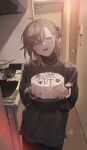  1boy absurdres birthday_cake black_sweater cake ear_piercing food grey_eyes highres holding holding_food indoors kanae_(nijisanji) light_brown_hair looking_at_viewer male_focus maxwells medium_hair nijisanji piercing smile sweater 