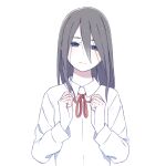  1girl bangs black_hair blue_eyes closed_mouth commentary_request hair_between_eyes highres long_hair long_sleeves looking_at_viewer natuich neck_ribbon original red_ribbon ribbon school_uniform simple_background upper_body white_background 