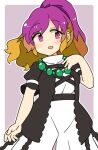  1girl alternate_hairstyle bead_necklace beads blush brown_hair dress gradient_hair hijiri_byakuren ini_(inunabe00) jewelry layered_dress long_hair multicolored_hair necklace open_mouth purple_hair short_sleeves smile solo touhou upper_body violet_eyes white_dress 